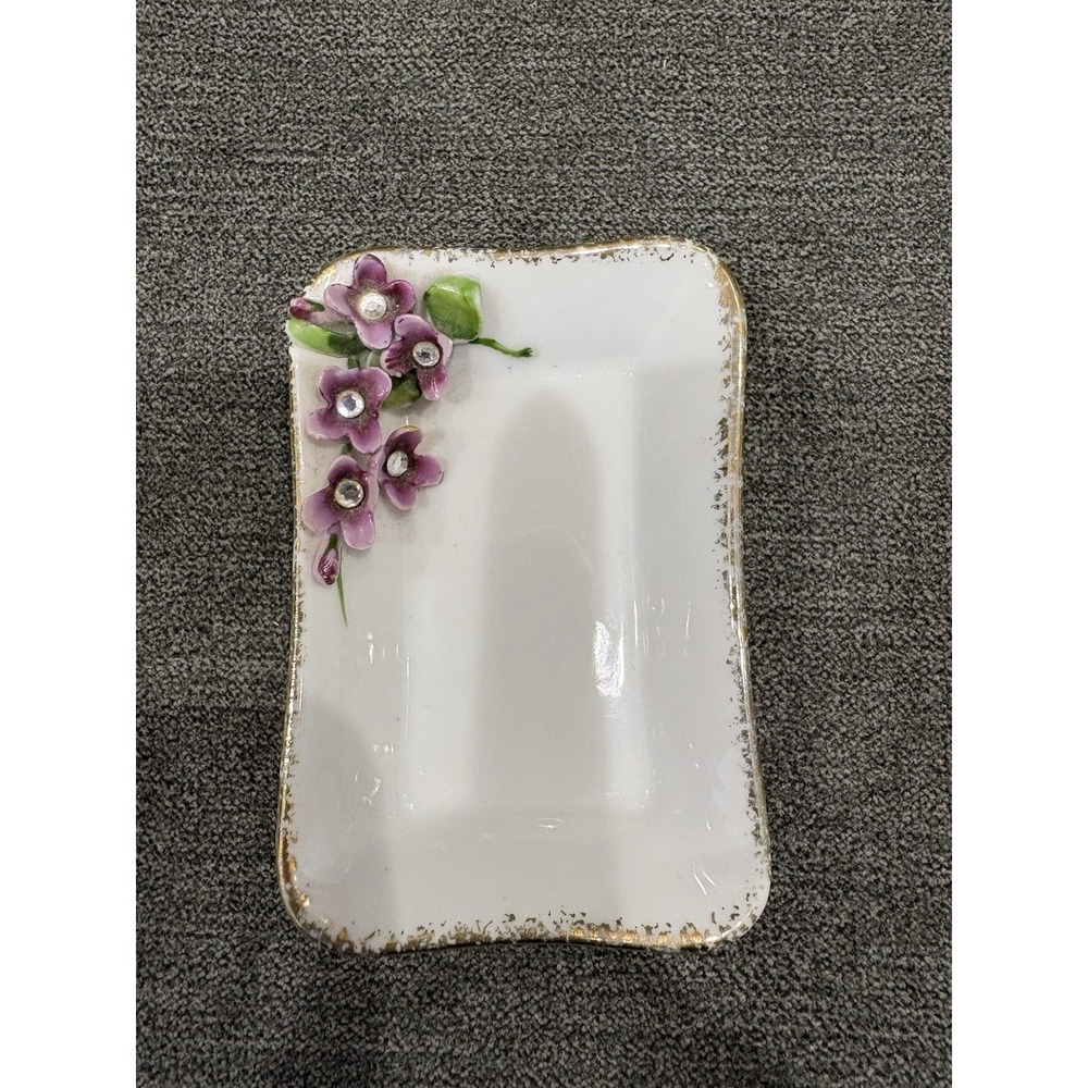 Vintage Lefton Violet China Bone‎ Dish / Trinket Tray Gold Trim Hand Painted 196
